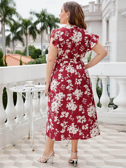 Floral Tie Waist Surplice Neck Midi Dress (Curve) - MARIGOLD