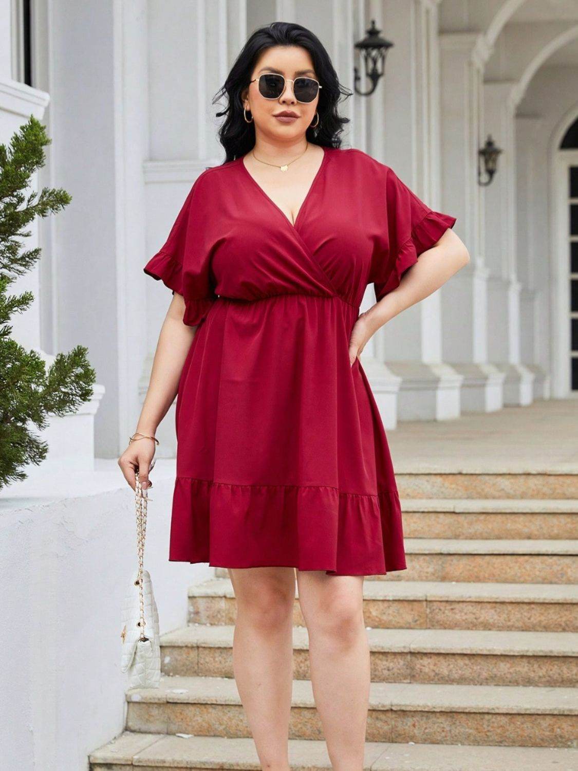 Plus Size Ruched Surplice Flounce Sleeve Mini Dress - MARIGOLD