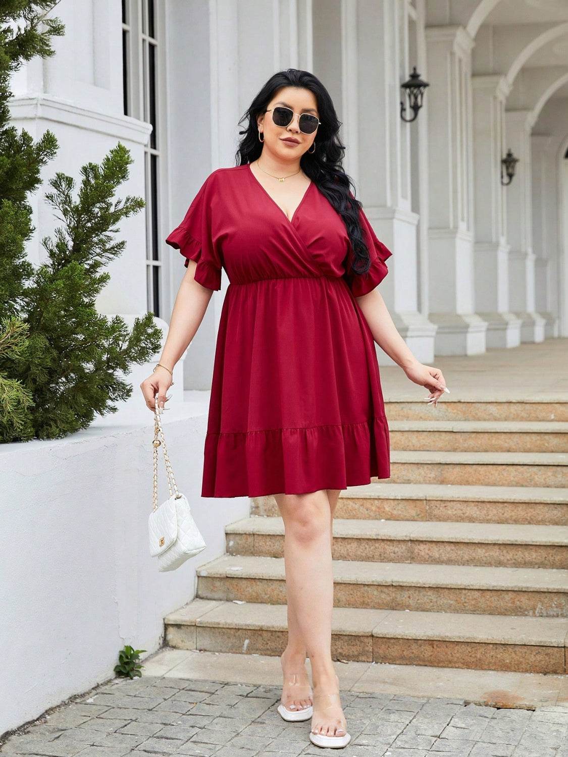 Plus Size Ruched Surplice Flounce Sleeve Mini Dress - MARIGOLD