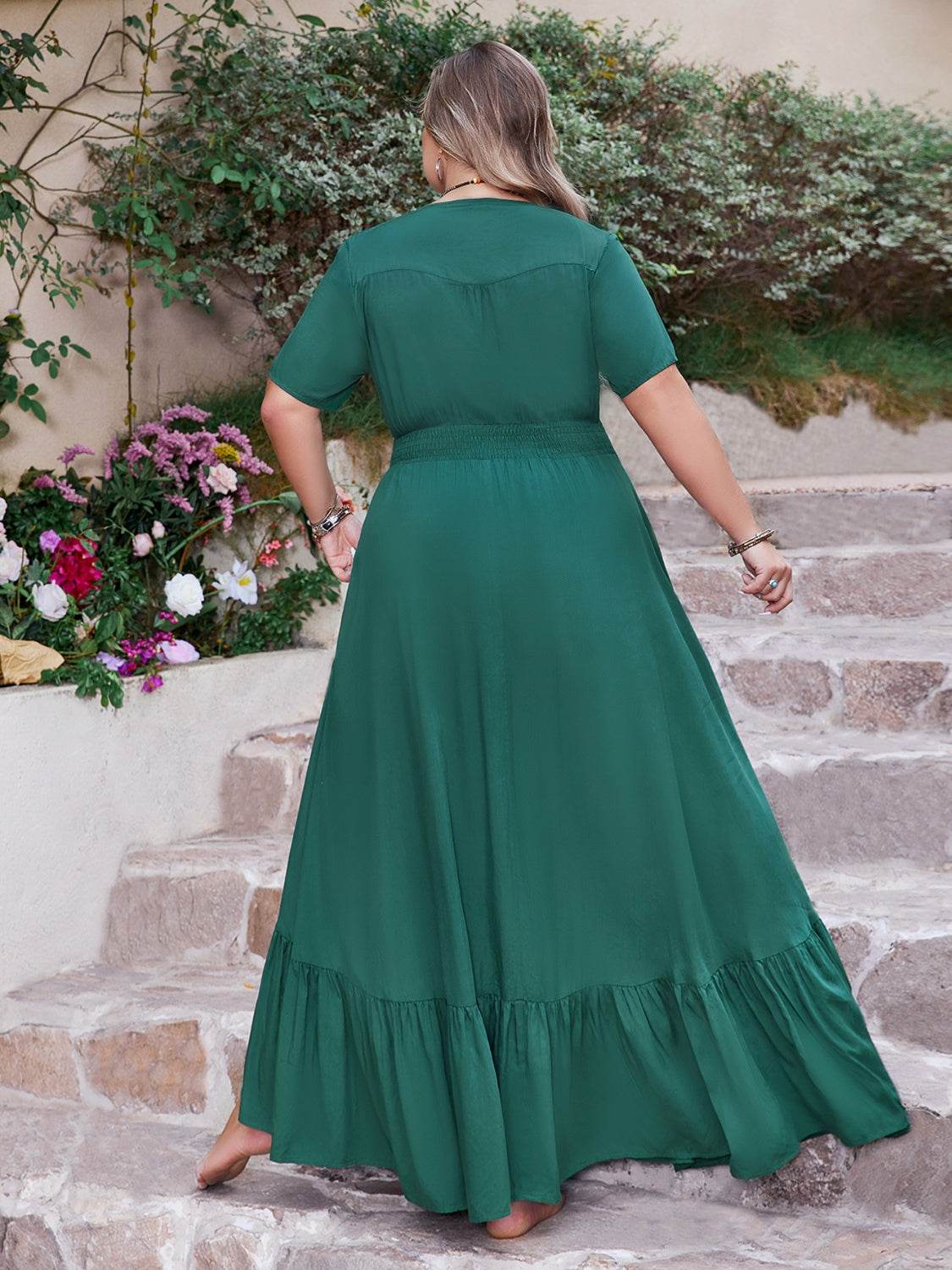Plus Size Button Detail V-Neck Short Sleeve Maxi Dress - MARIGOLD
