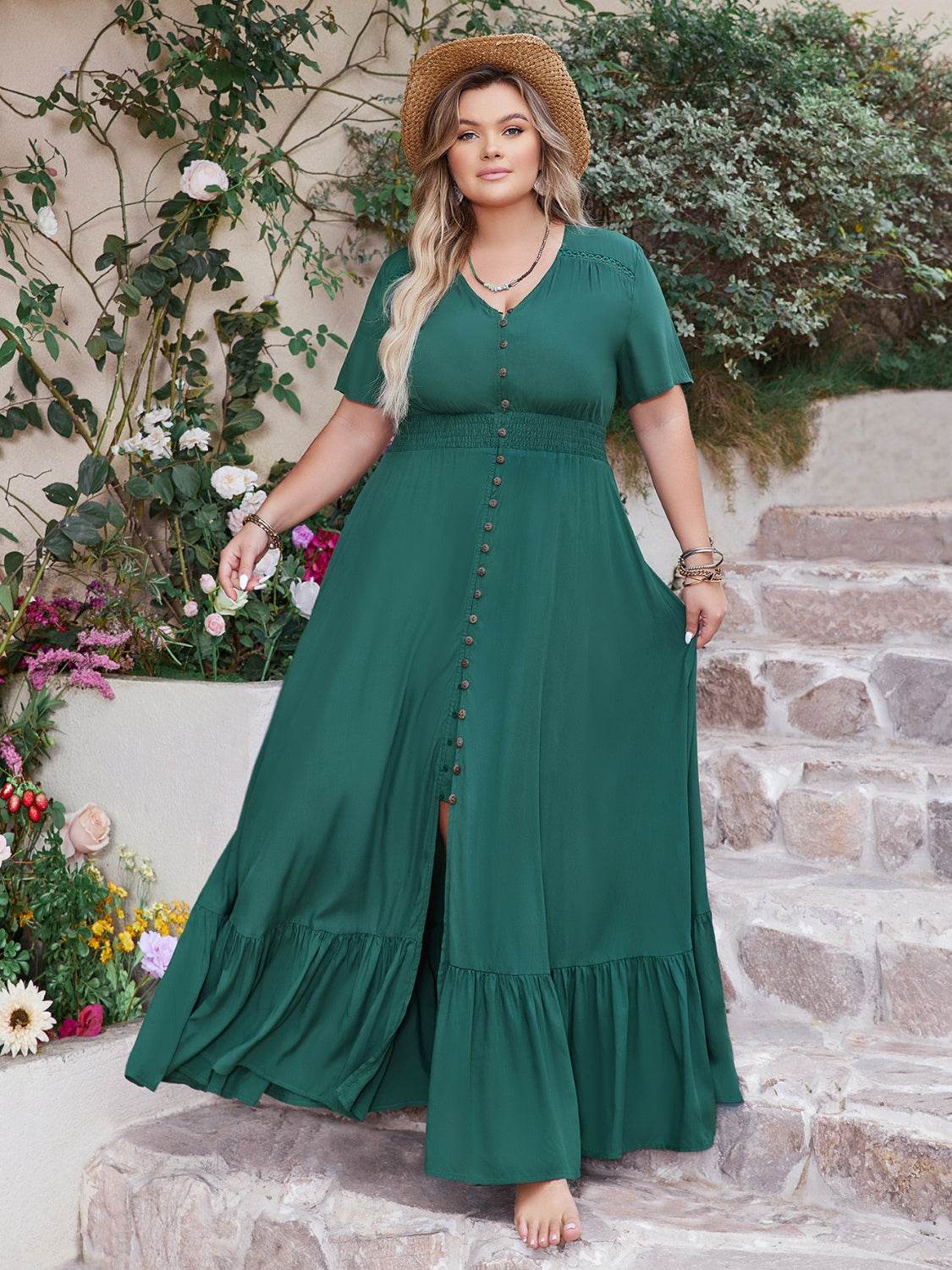 Plus Size Button Detail V-Neck Short Sleeve Maxi Dress - MARIGOLD