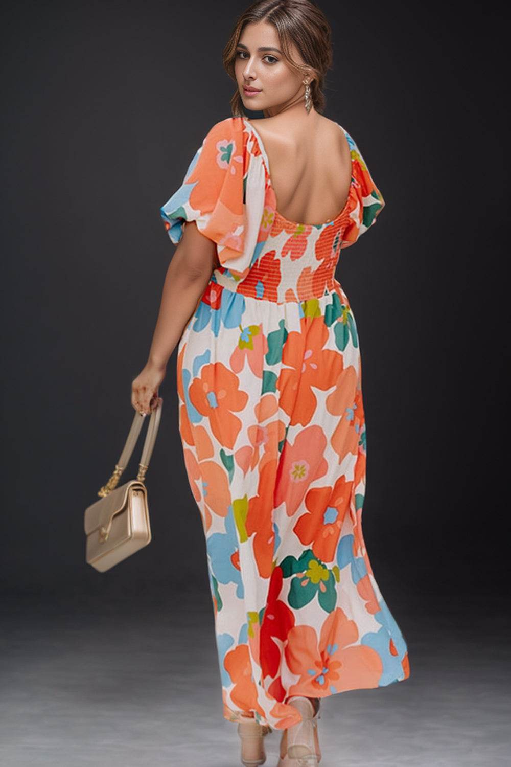 Curve Floral Print Bubble Sleeve Maxi Dress - MARIGOLD