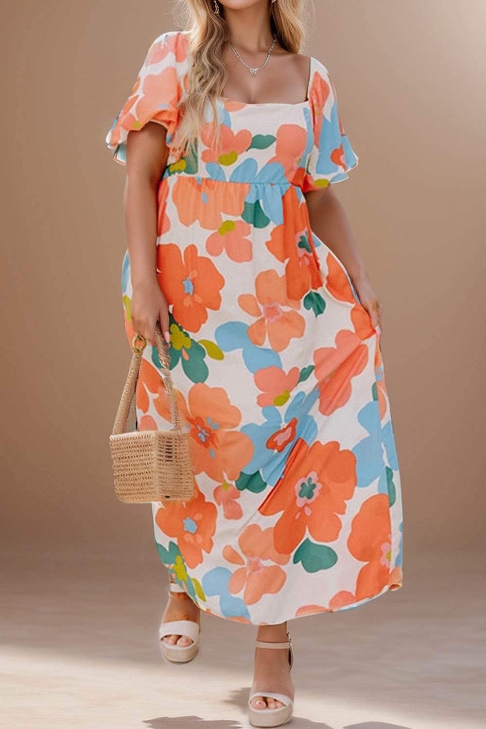 Curve Floral Print Bubble Sleeve Maxi Dress - MARIGOLD