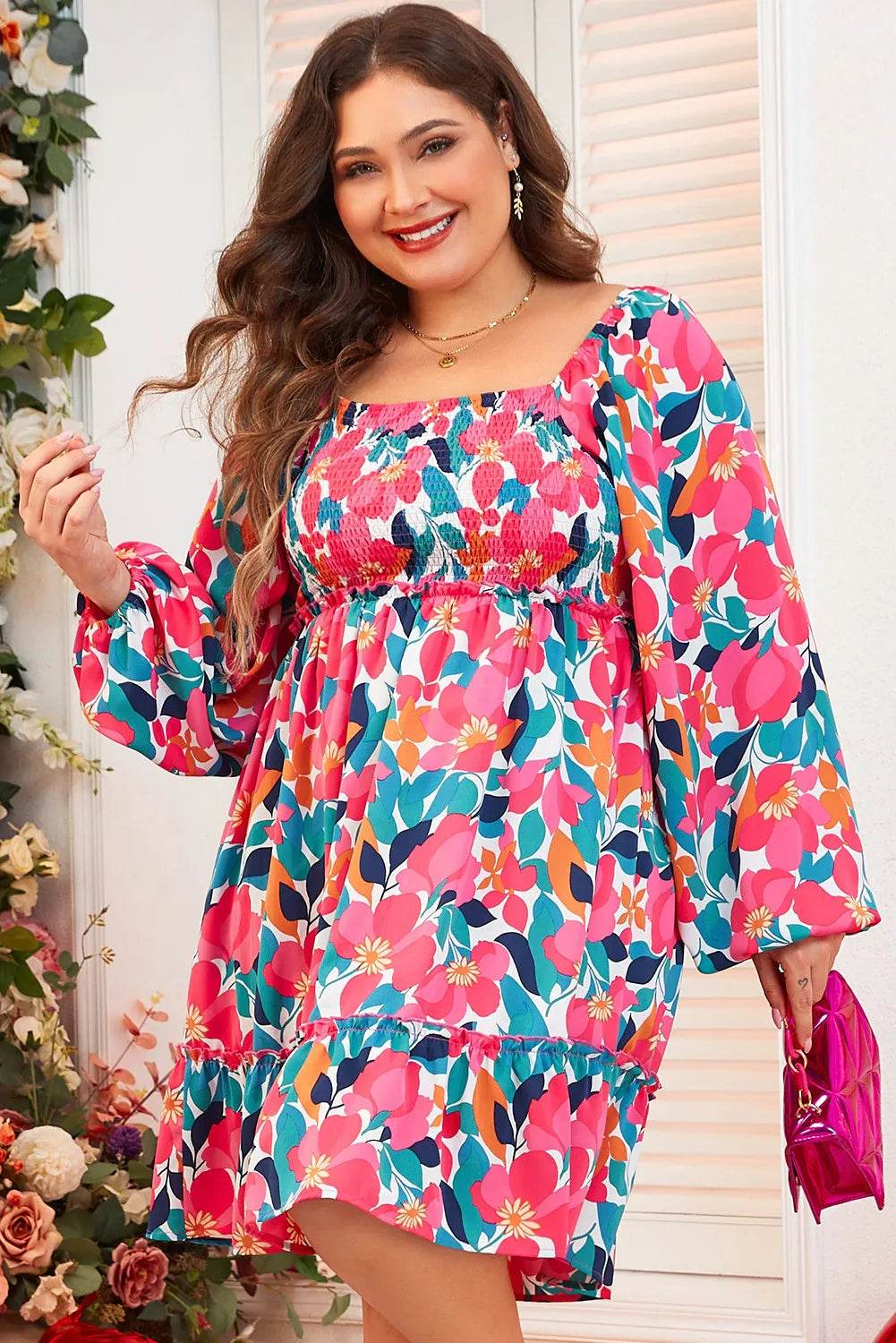 Floral Smocked Square Neck Long Sleeve Dress (Curve) - MARIGOLD