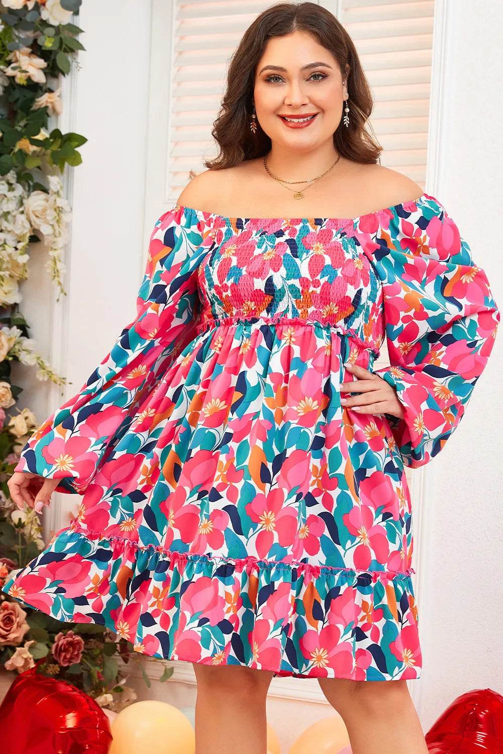 Floral Smocked Square Neck Long Sleeve Dress (Curve) - MARIGOLD
