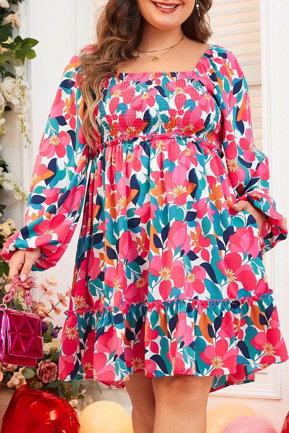 Floral Smocked Square Neck Long Sleeve Dress (Curve) - MARIGOLD