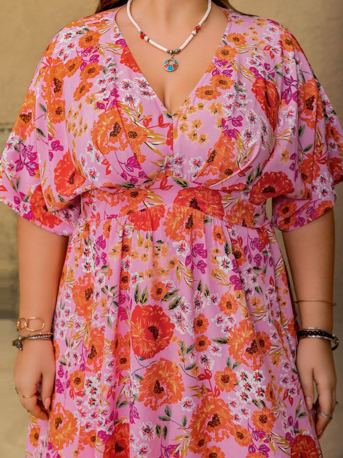 Curve Floral V-Neck Slit Maxi Dress - MARIGOLD