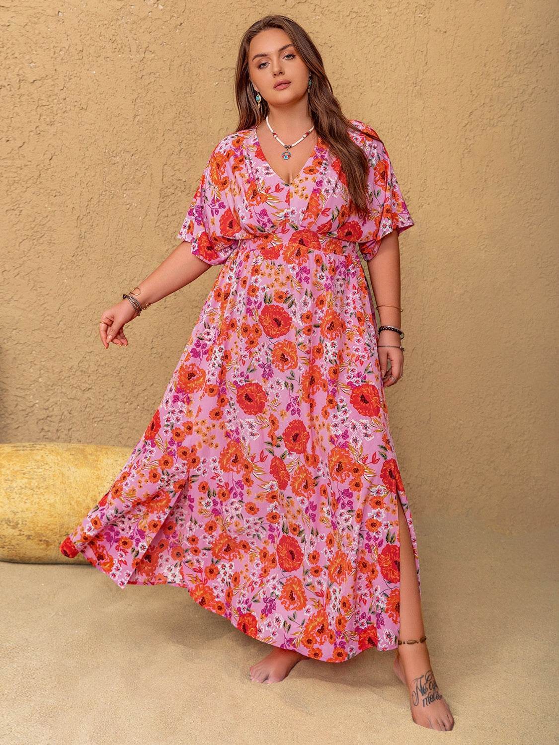 Curve Floral V-Neck Slit Maxi Dress - MARIGOLD