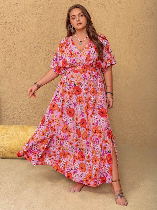Curve Floral V-Neck Slit Maxi Dress - MARIGOLD