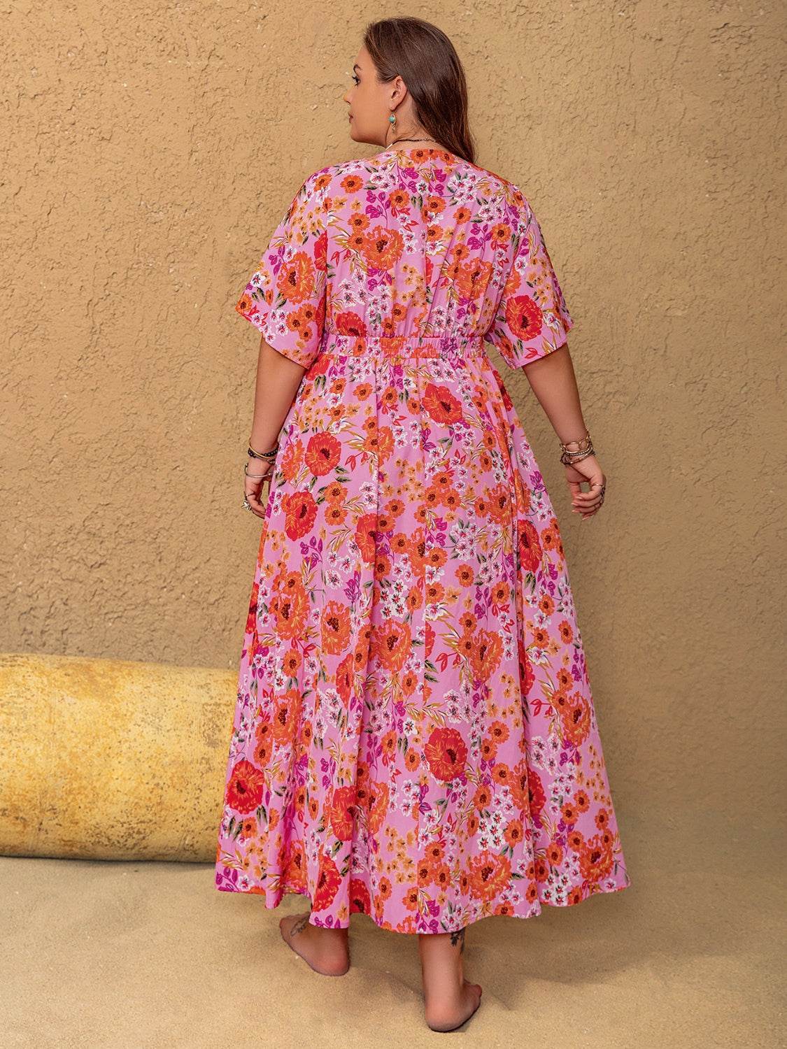 Curve Floral V-Neck Slit Maxi Dress - MARIGOLD