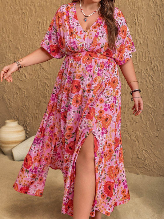 Curve Floral V-Neck Slit Maxi Dress - MARIGOLD