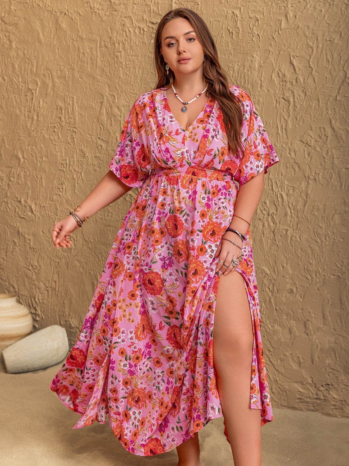 Curve Floral V-Neck Slit Maxi Dress - MARIGOLD