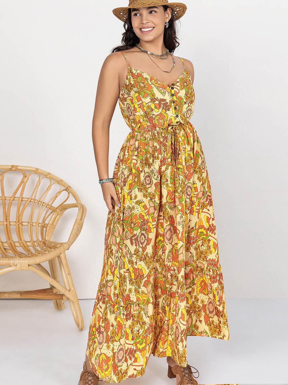 Plus Size Printed V-Neck Maxi Cami Dress - MARIGOLD