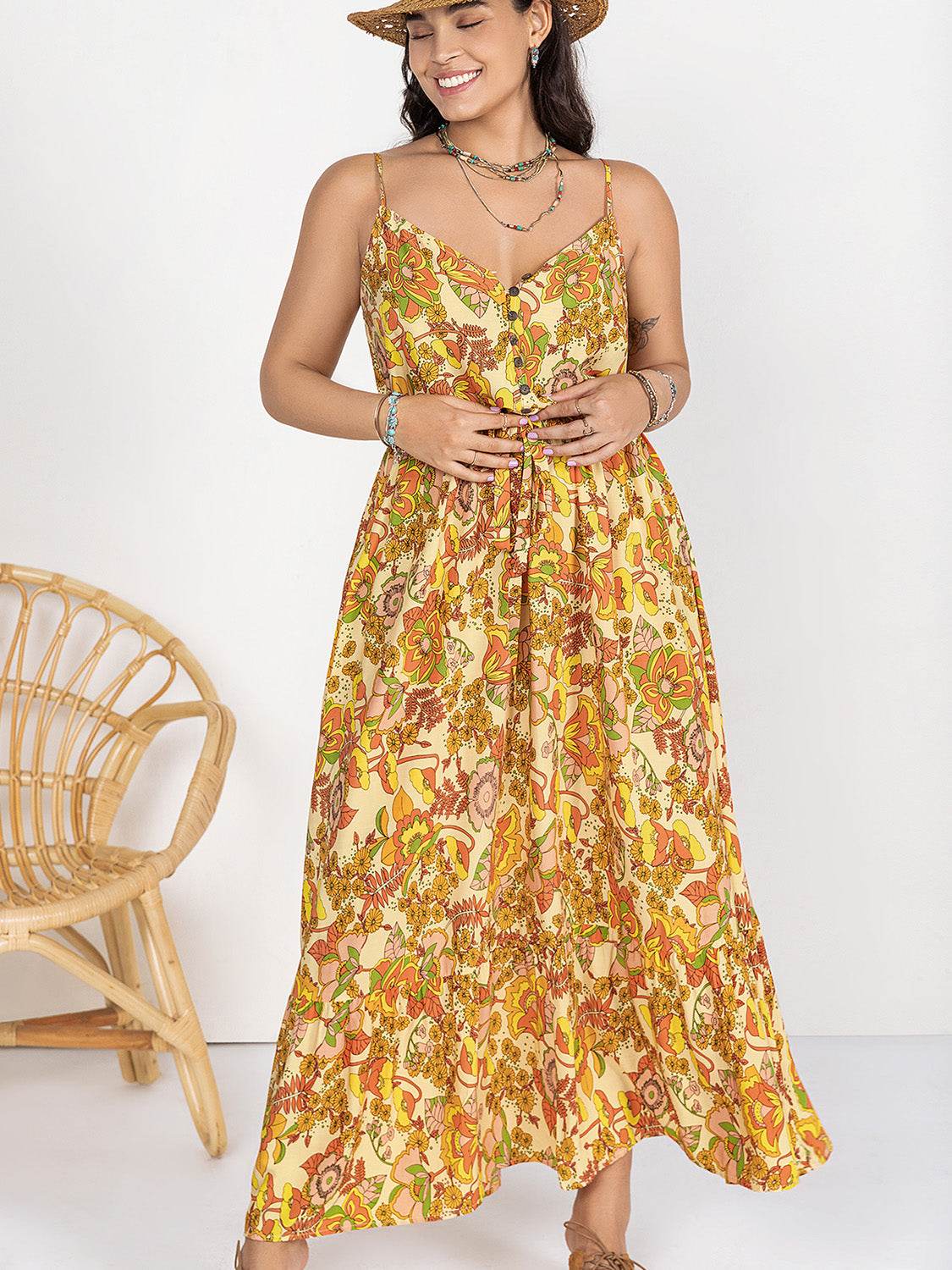 Plus Size Printed V-Neck Maxi Cami Dress - MARIGOLD