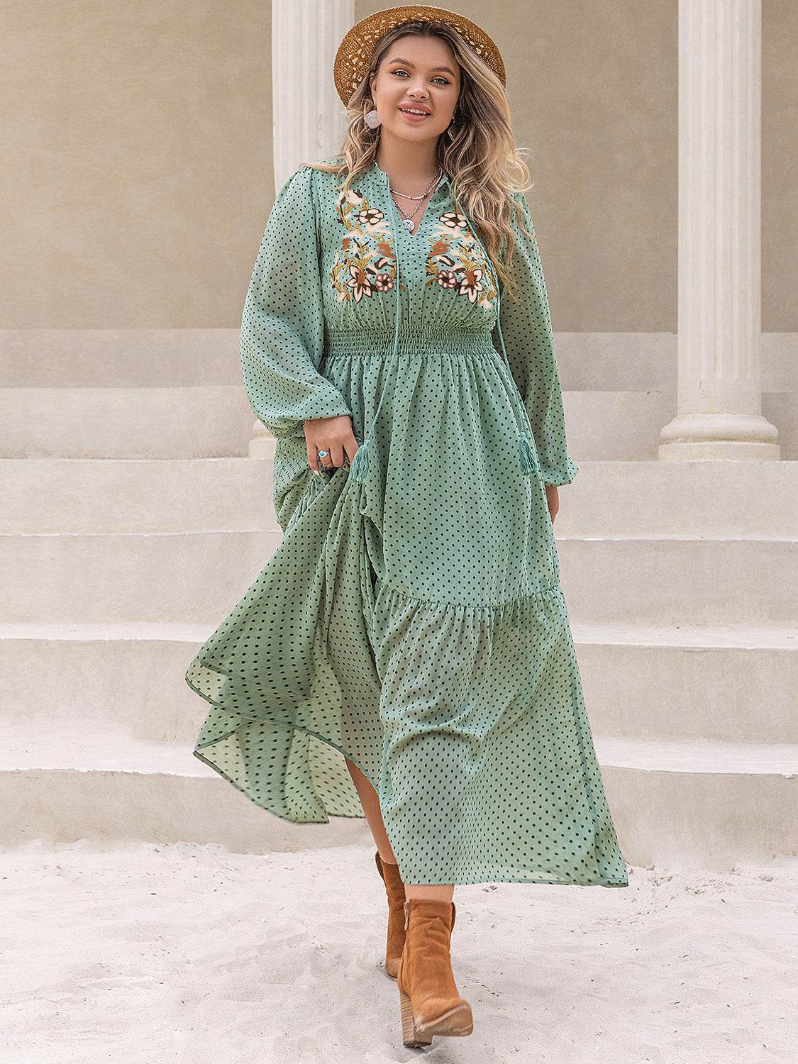 Floral Bodice Tassel Tie Neck Long Sleeve Midi Dress - MARIGOLD