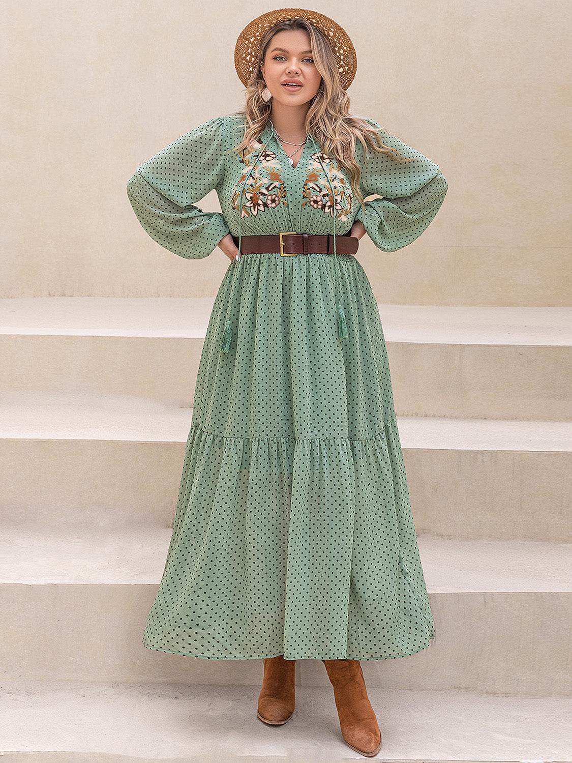 Floral Bodice Tassel Tie Neck Long Sleeve Midi Dress - MARIGOLD