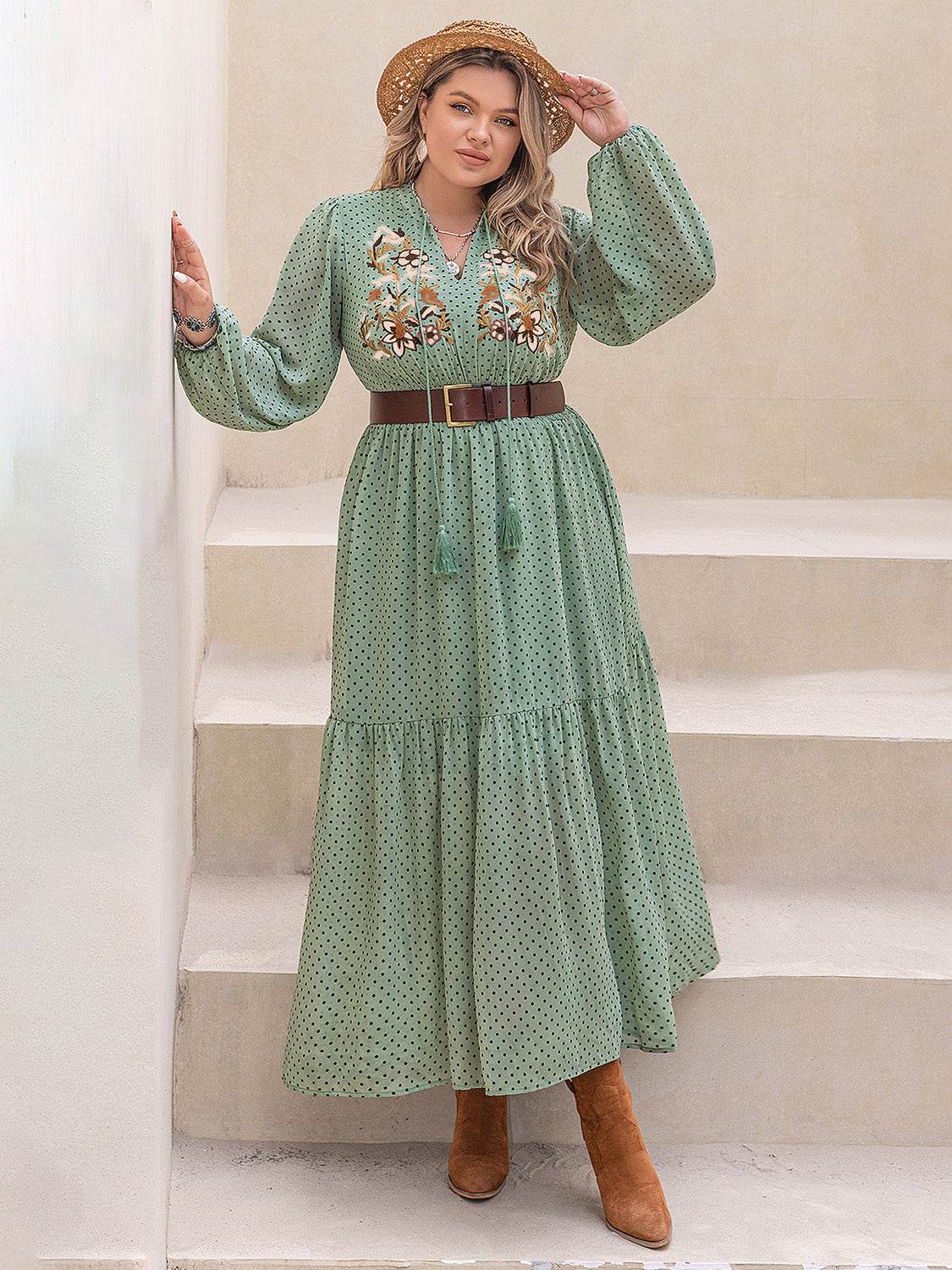 Floral Bodice Tassel Tie Neck Long Sleeve Midi Dress - MARIGOLD
