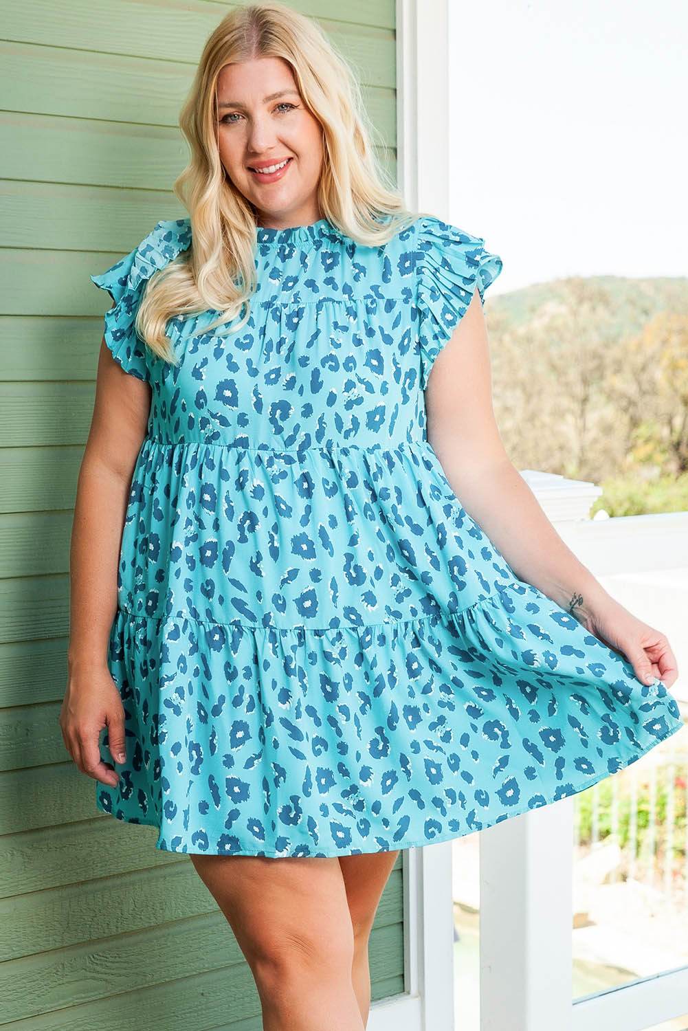 Leopard Print Ruffle Cap Sleeve Mini Dress (Curve) - MARIGOLD