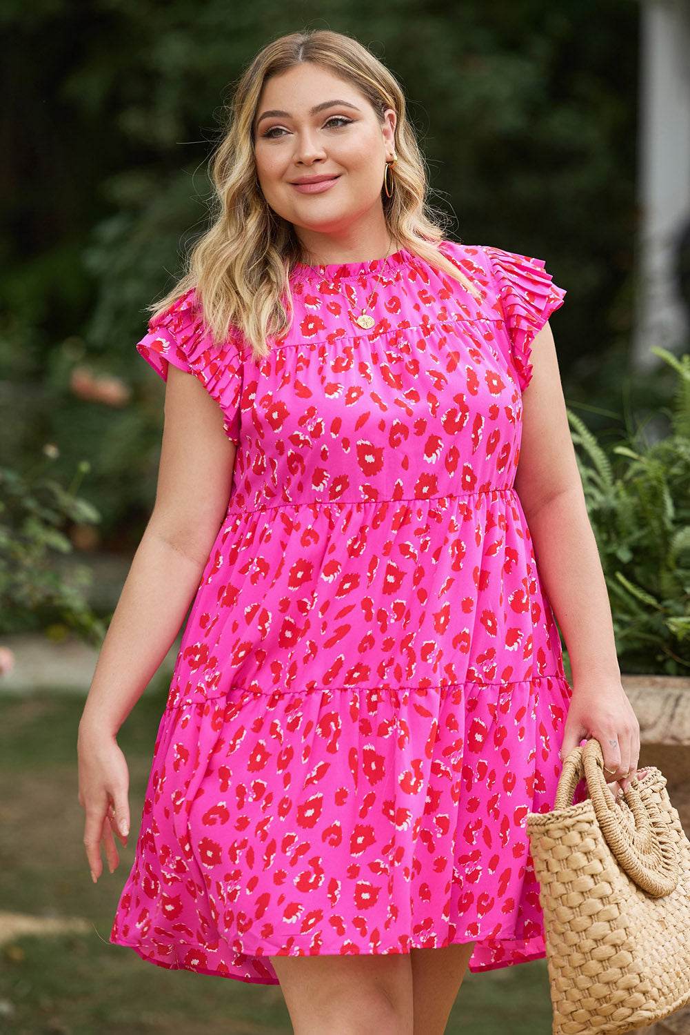 Leopard Print Ruffle Cap Sleeve Mini Dress (Curve) - MARIGOLD