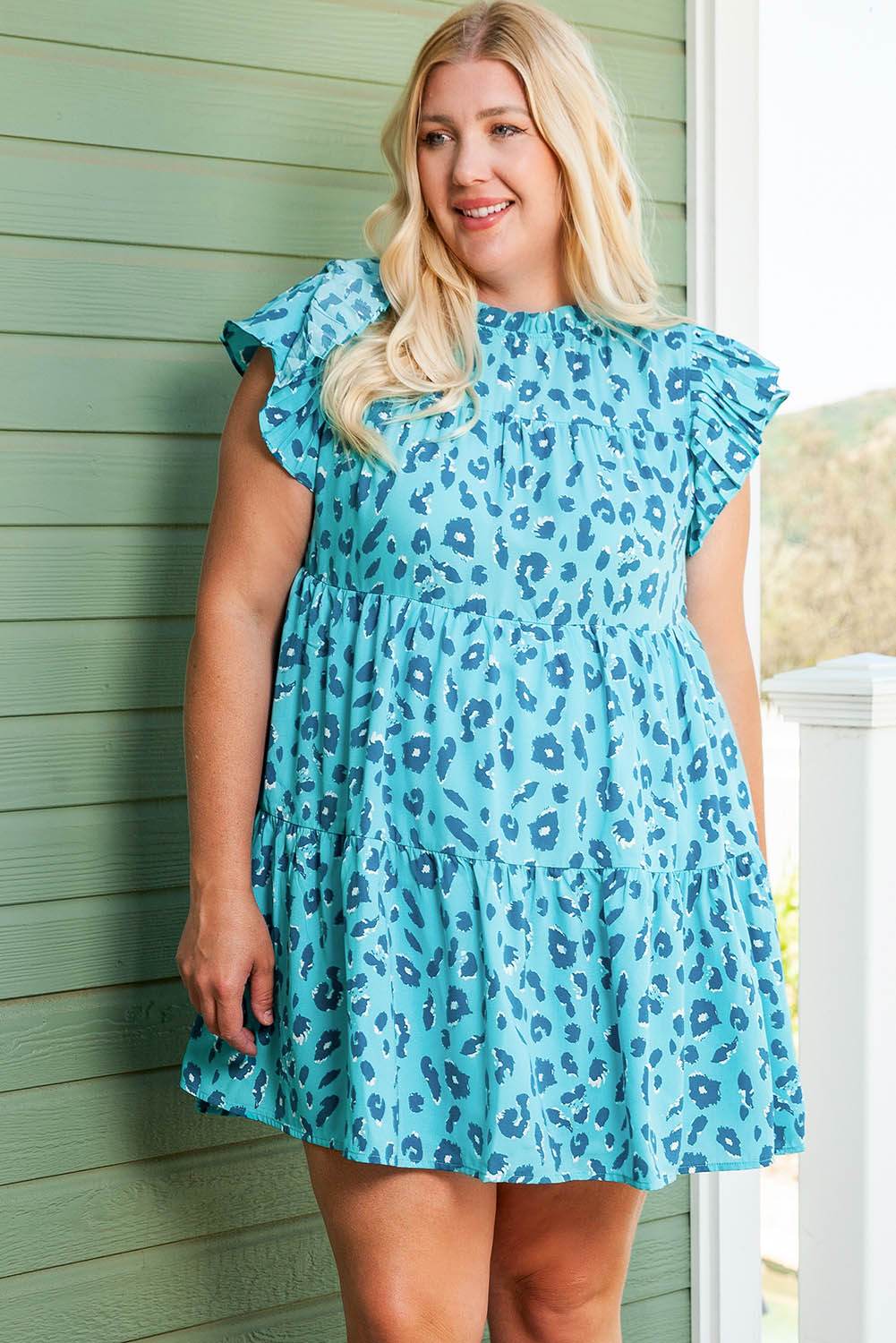 Leopard Print Ruffle Cap Sleeve Mini Dress (Curve) - MARIGOLD