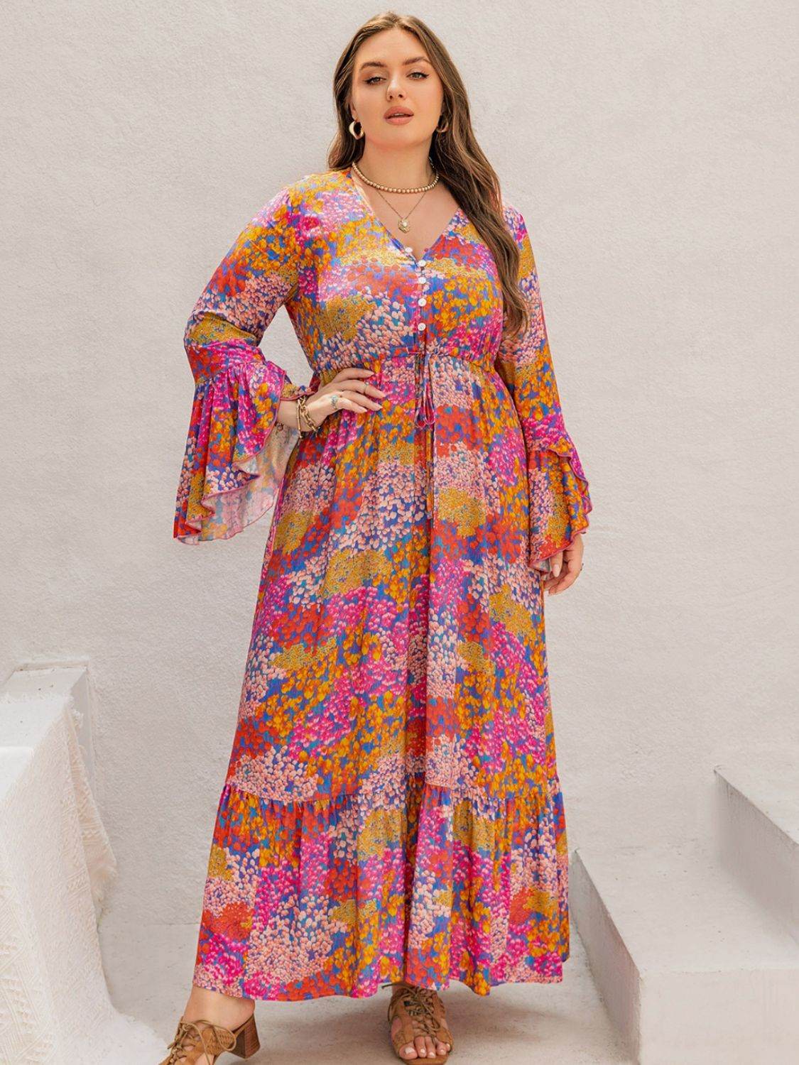 Abstract Floral Print Flare-Sleeve Plus-Size Maxi Dress - MARIGOLD