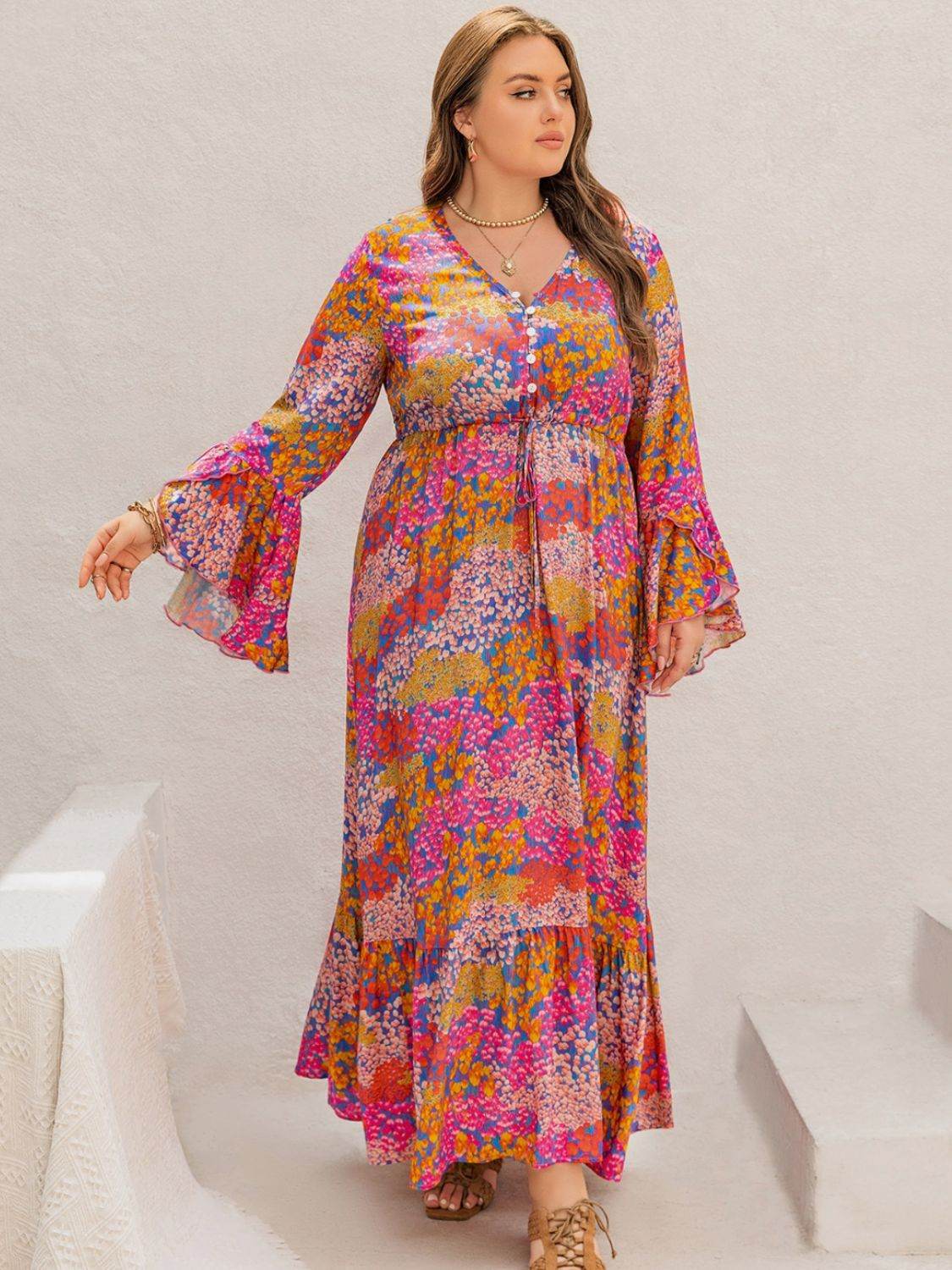 Abstract Floral Print Flare-Sleeve Plus-Size Maxi Dress - MARIGOLD