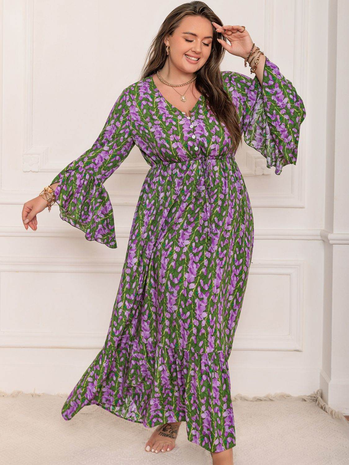 Abstract Floral Print Flare-Sleeve Plus-Size Maxi Dress - MARIGOLD