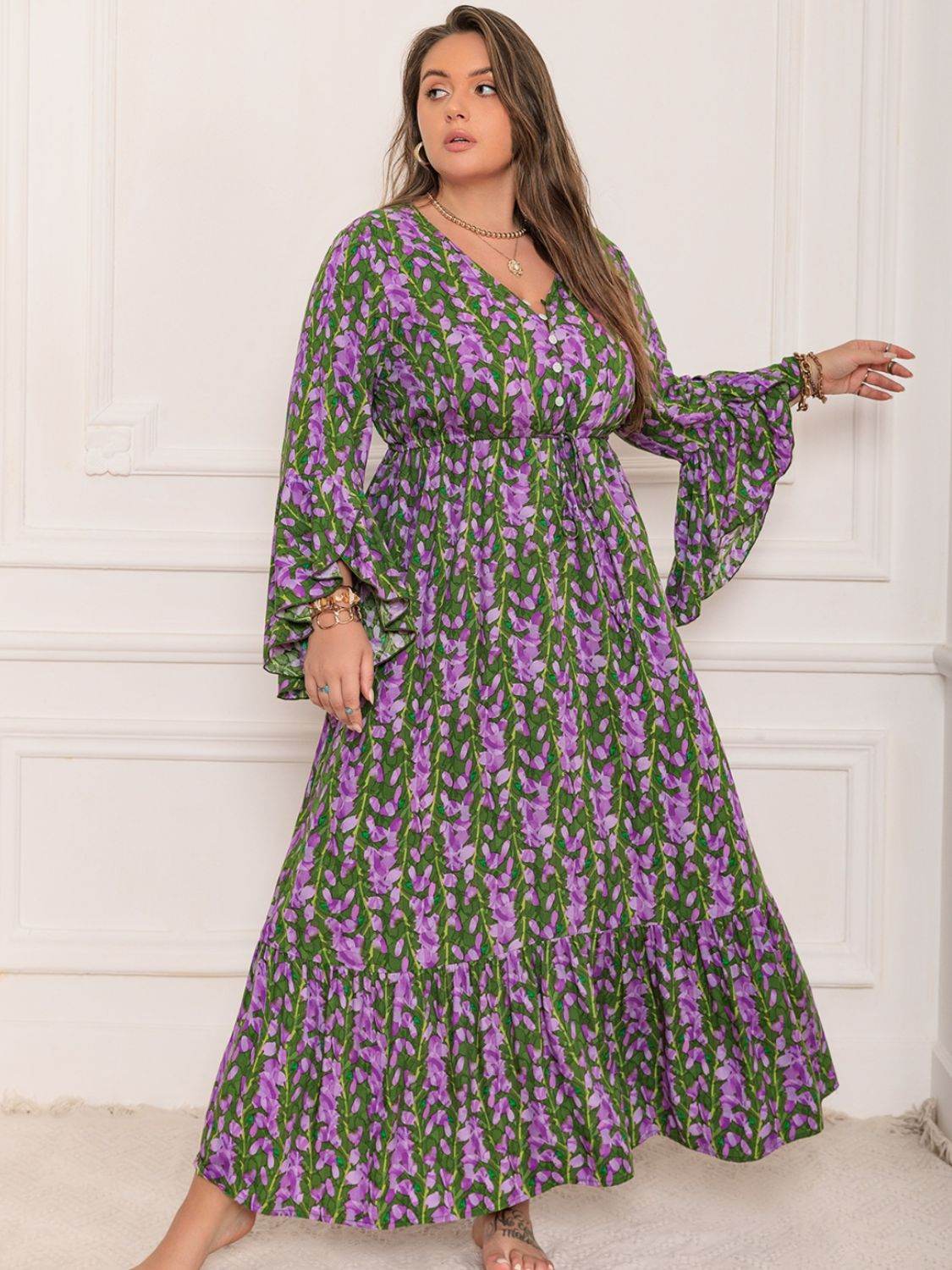 Abstract Floral Print Flare-Sleeve Plus-Size Maxi Dress - MARIGOLD