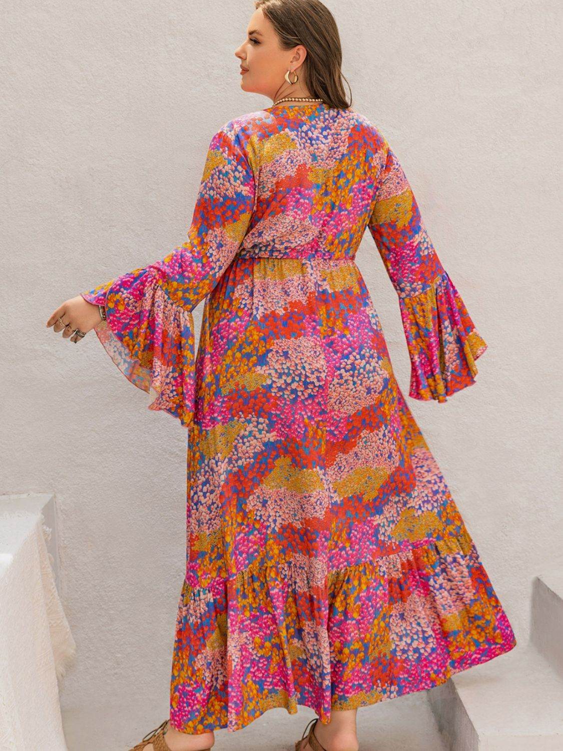 Abstract Floral Print Flare-Sleeve Plus-Size Maxi Dress - MARIGOLD