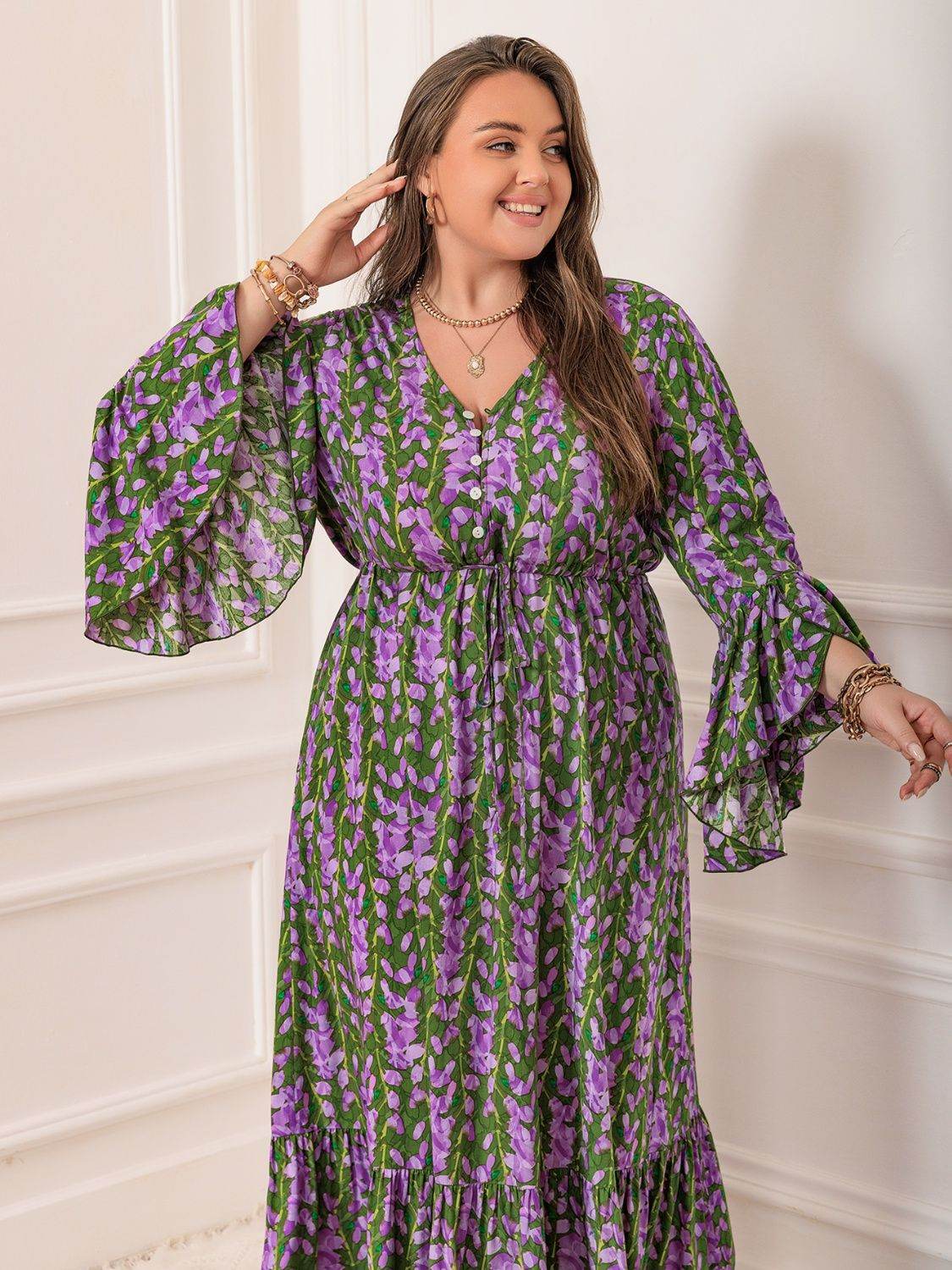 Abstract Floral Print Flare-Sleeve Plus-Size Maxi Dress - MARIGOLD