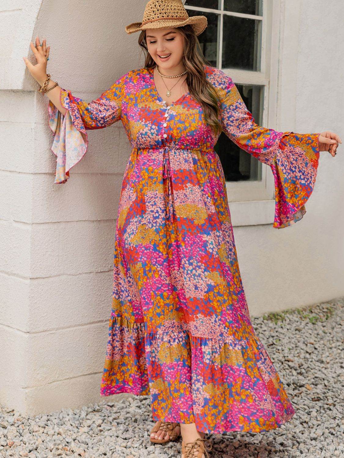 Abstract Floral Print Flare-Sleeve Plus-Size Maxi Dress - MARIGOLD
