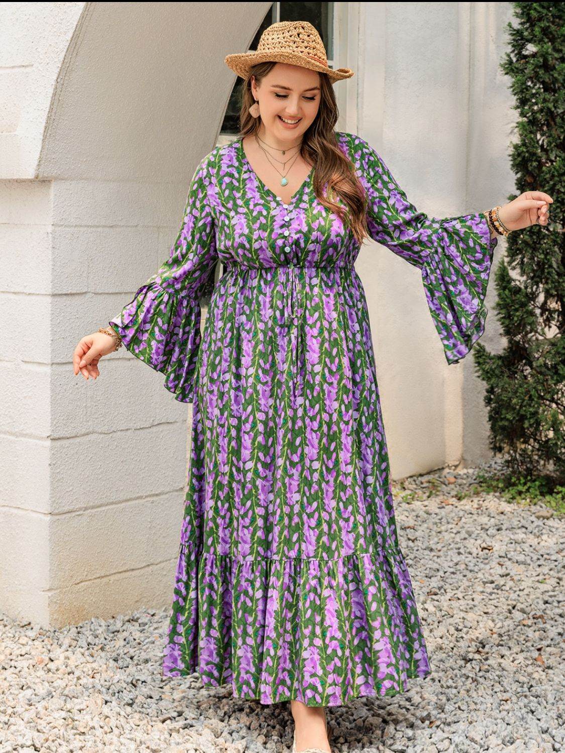 Abstract Floral Print Flare-Sleeve Plus-Size Maxi Dress - MARIGOLD