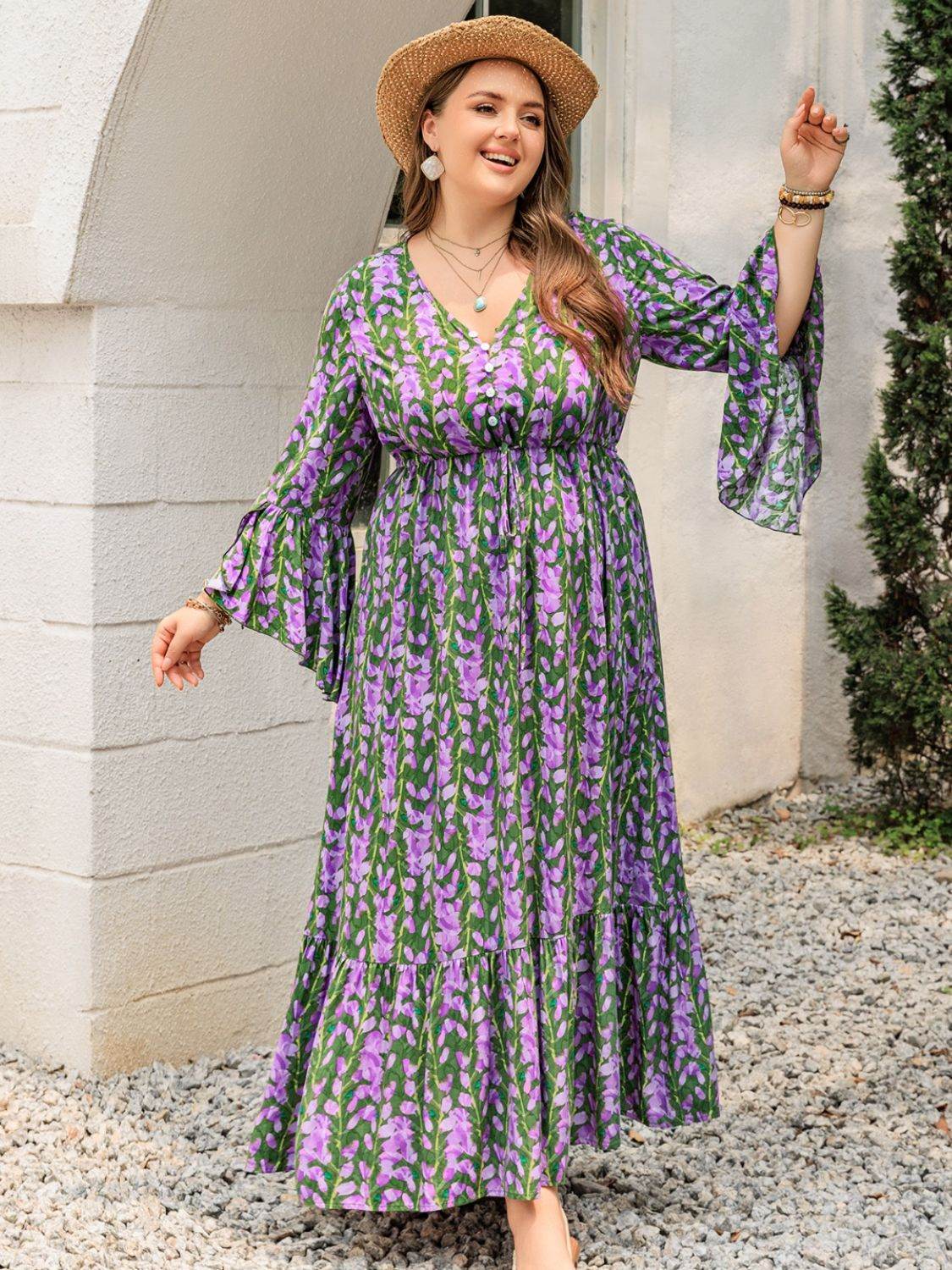Abstract Floral Print Flare-Sleeve Plus-Size Maxi Dress - MARIGOLD