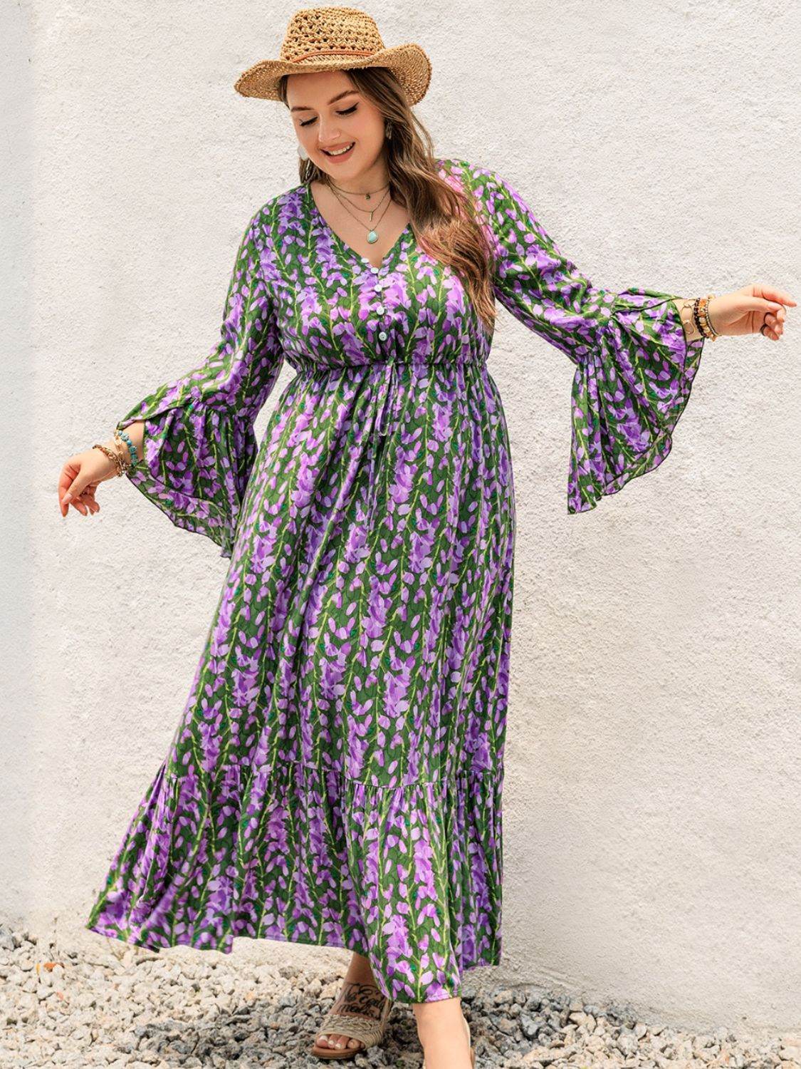 Abstract Floral Print Flare-Sleeve Plus-Size Maxi Dress - MARIGOLD