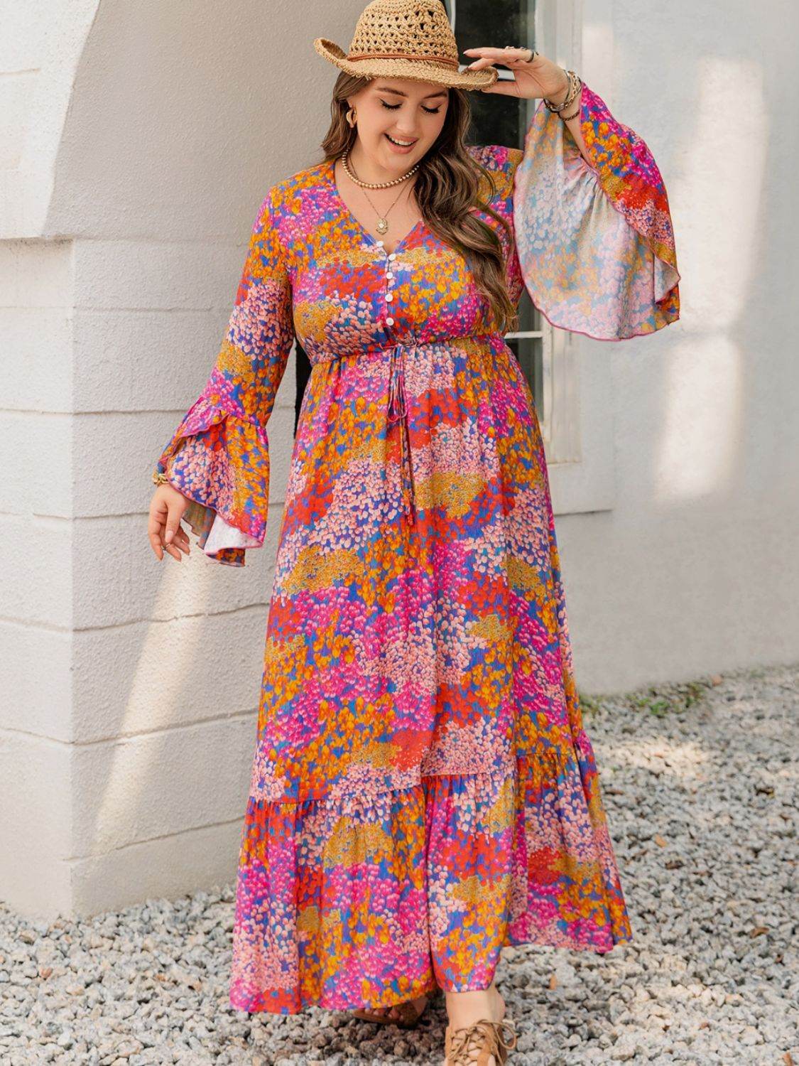 Abstract Floral Print Flare-Sleeve Plus-Size Maxi Dress - MARIGOLD