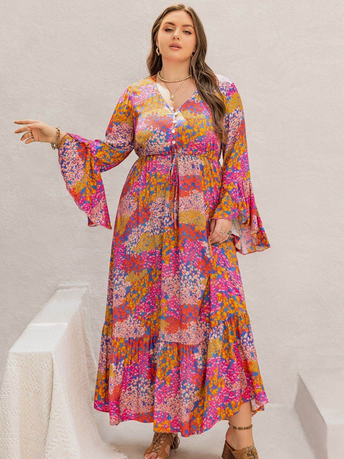 Abstract Floral Print Flare-Sleeve Plus-Size Maxi Dress - MARIGOLD