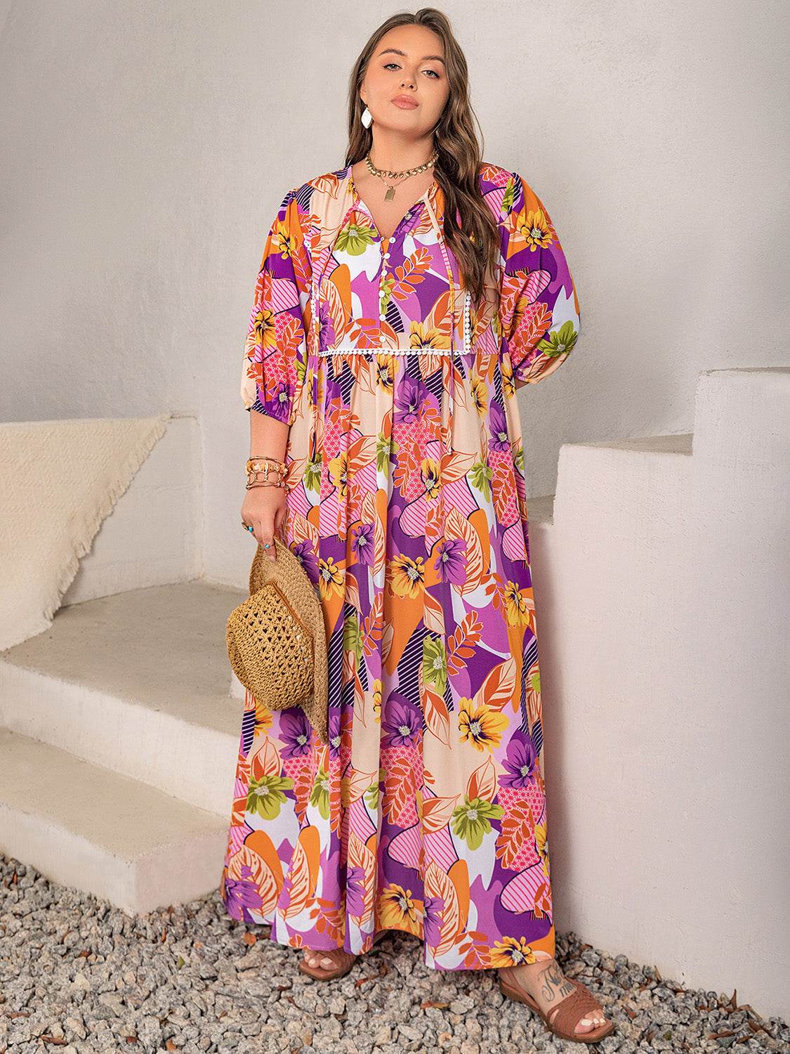 Plus Size Floral Print Tie-Neck Maxi Dress - MARIGOLD