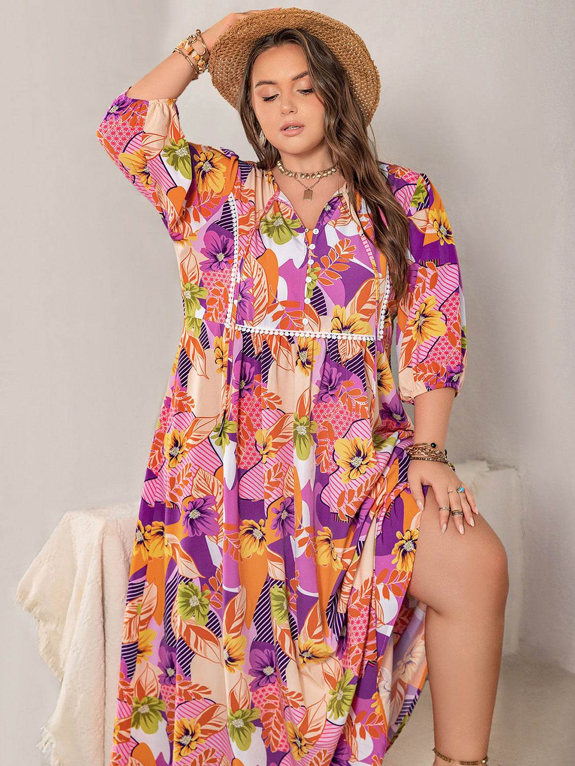 Plus Size Floral Print Tie-Neck Maxi Dress - MARIGOLD