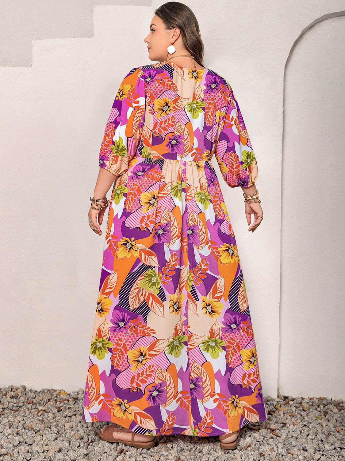 Plus Size Floral Print Tie-Neck Maxi Dress - MARIGOLD