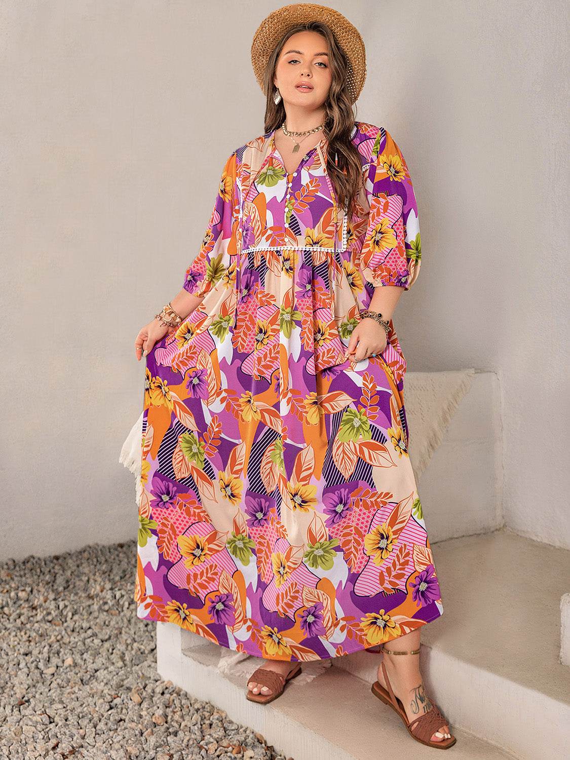 Plus Size Floral Print Tie-Neck Maxi Dress - MARIGOLD