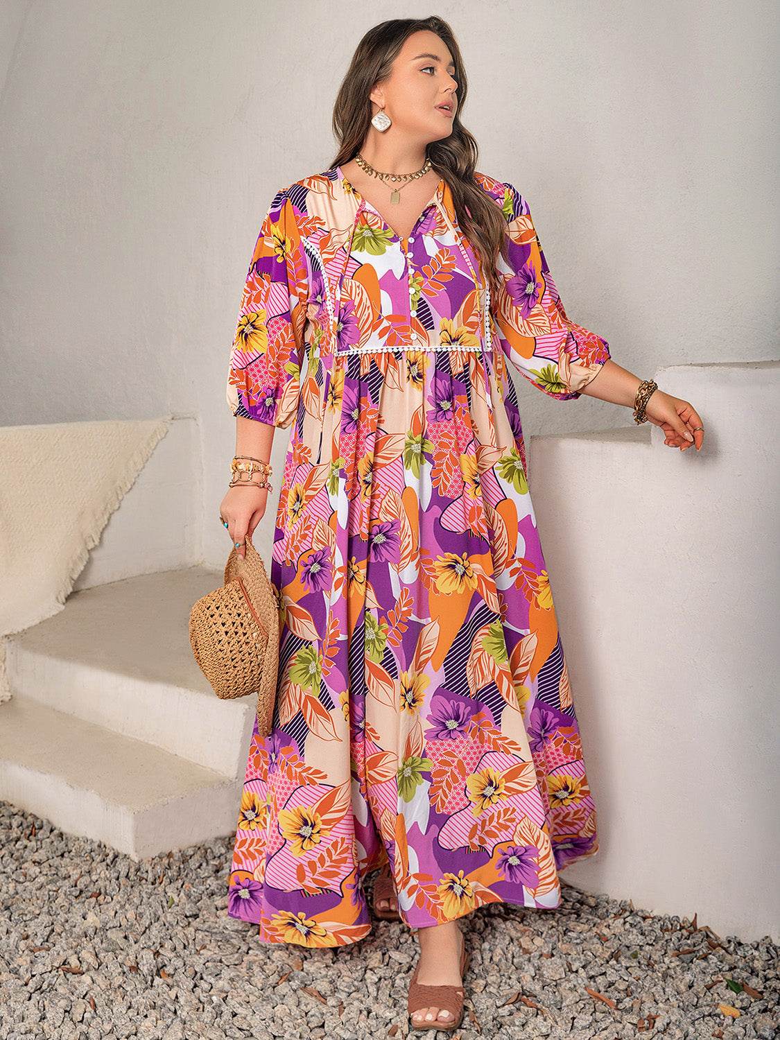 Plus Size Floral Print Tie-Neck Maxi Dress - MARIGOLD