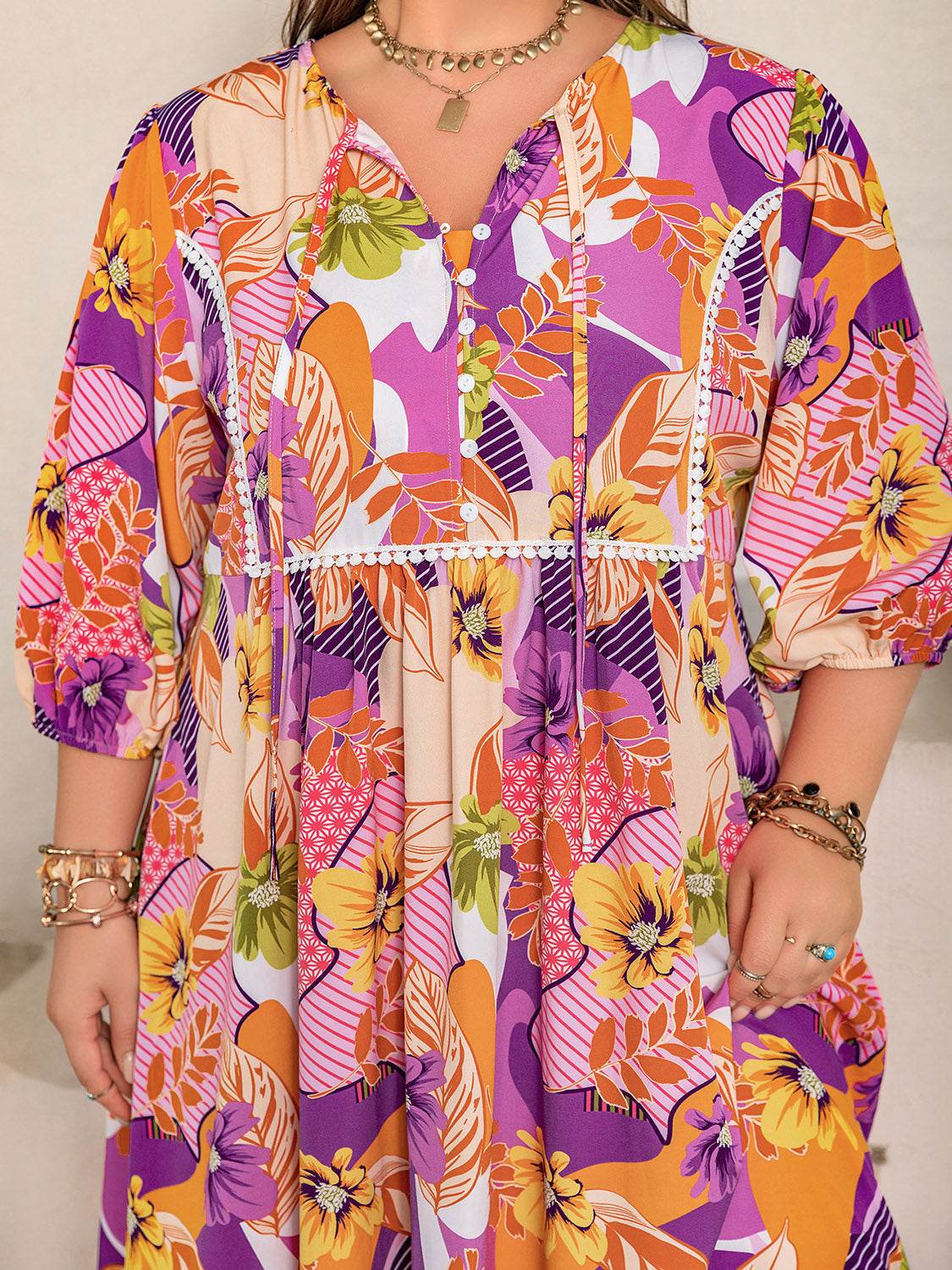 Plus Size Floral Print Tie-Neck Maxi Dress - MARIGOLD