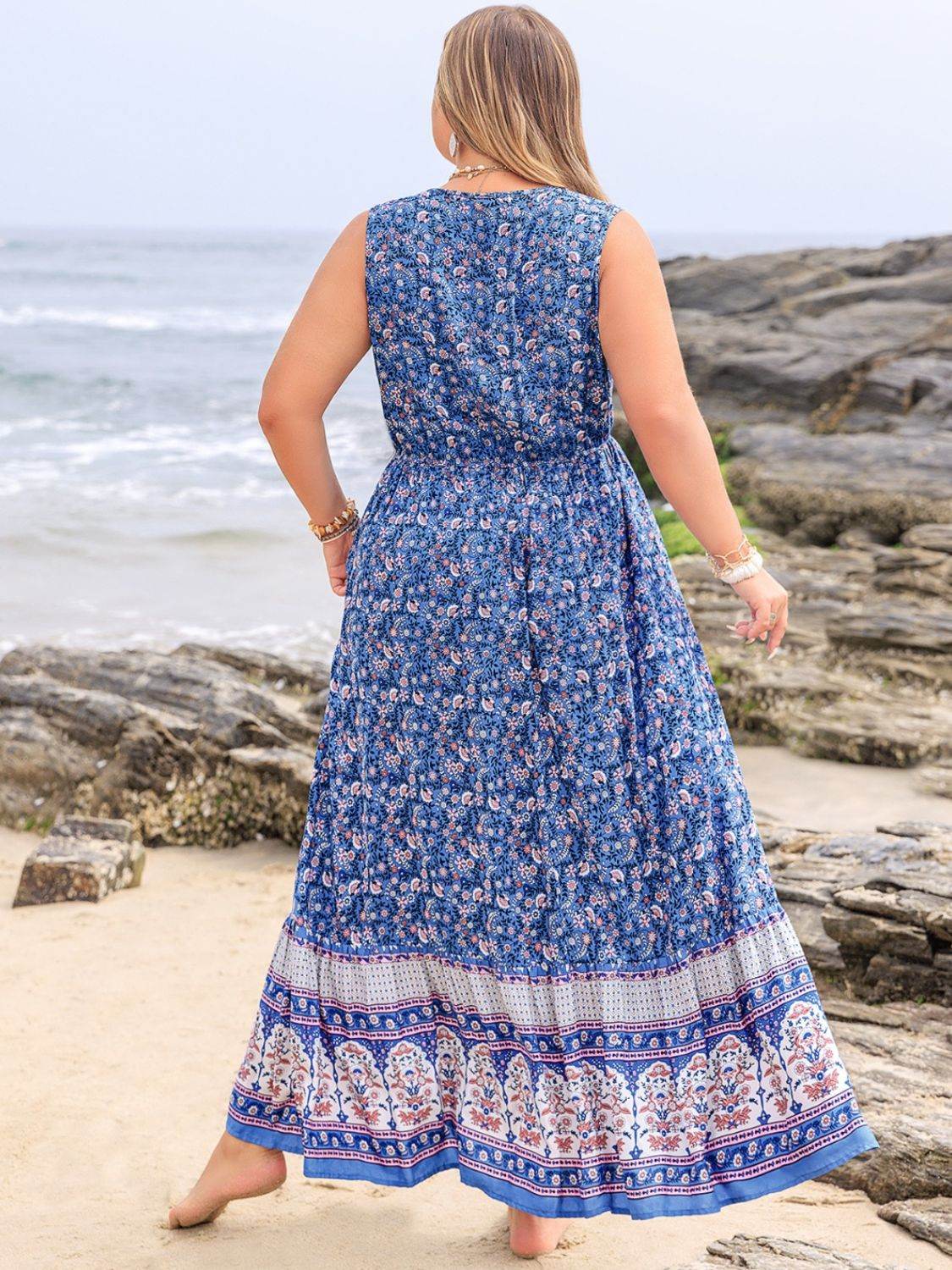 Plus Size Bohemian Print Maxi Dress with Tie Neck - MARIGOLD