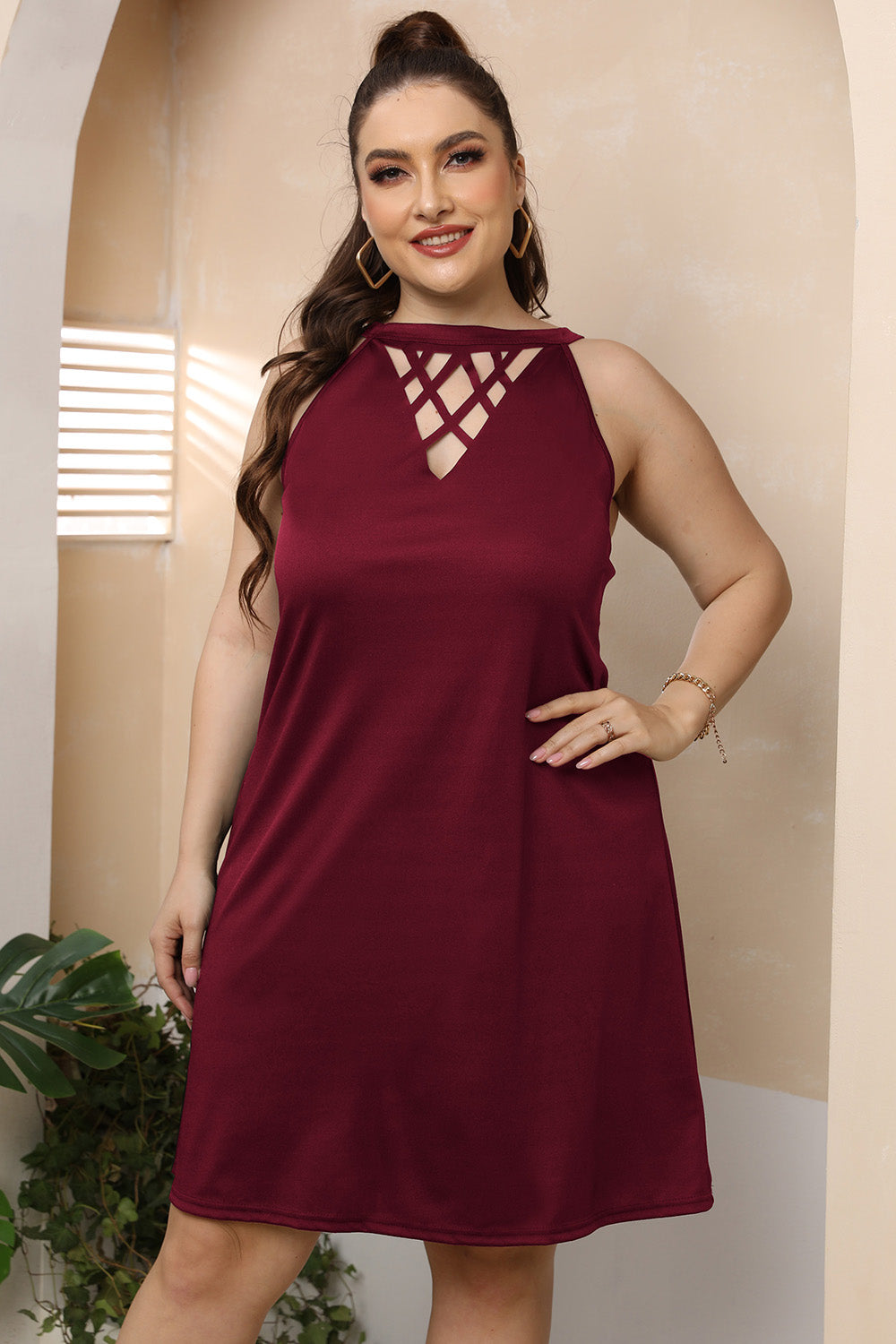 Plus Size Halter Neck Mini Dress with Cutout Design Neckline - MARIGOLD