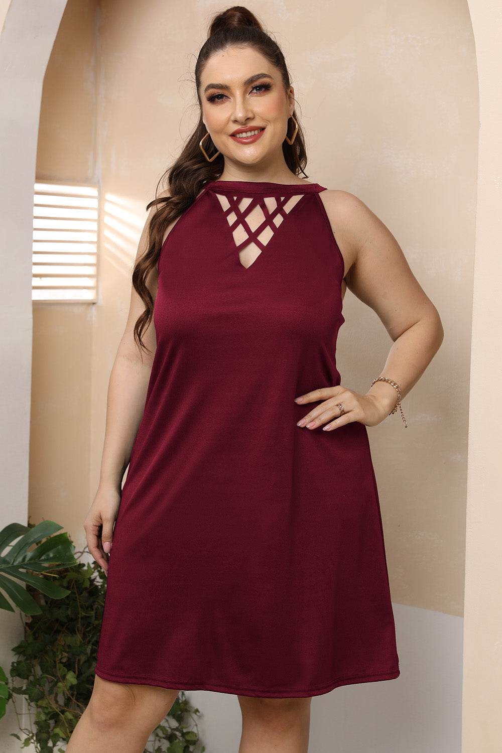 Plus Size Halter Neck Mini Dress with Cutout Design Neckline - MARIGOLD