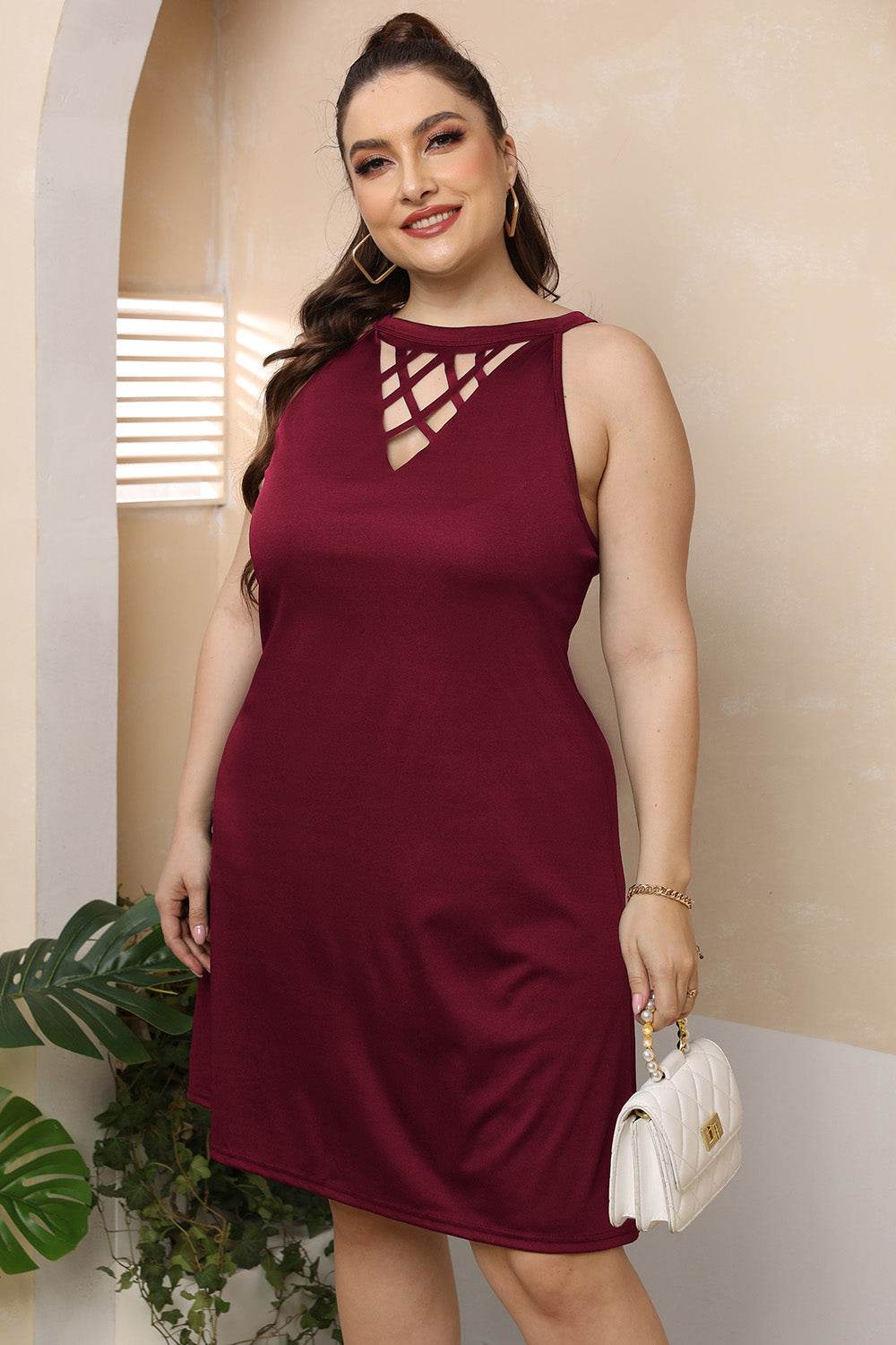 Plus Size Halter Neck Mini Dress with Cutout Design Neckline - MARIGOLD