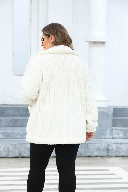 Fuzzy Collared Neck Long Sleeve Jacket (Curve) - MARIGOLD