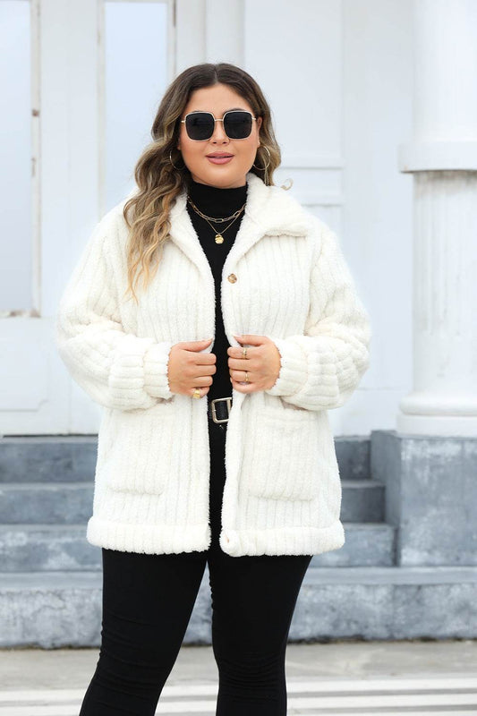 Fuzzy Collared Neck Long Sleeve Jacket (Curve) - MARIGOLD