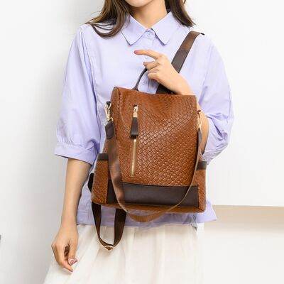 Chic Woven Design PU Leather Backpack with Multiple Handles - MARIGOLD