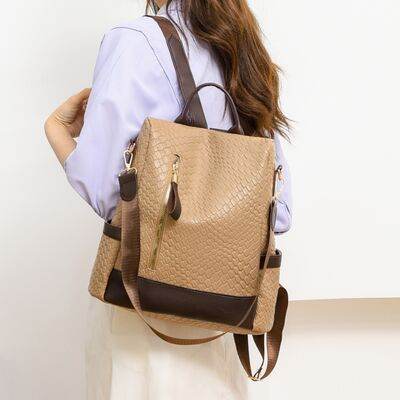 Chic Woven Design PU Leather Backpack with Multiple Handles - MARIGOLD